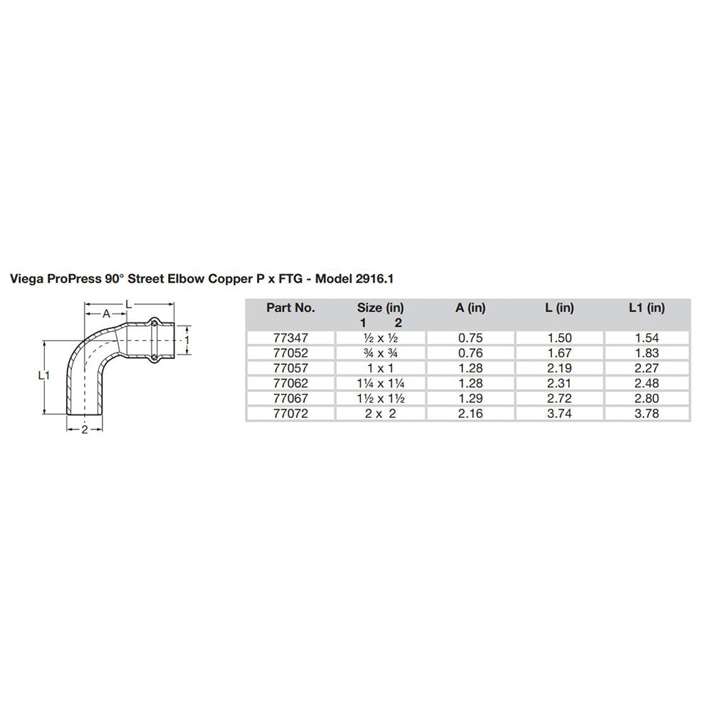 Viega ProPress 34 90 Copper Elbow StreetPress Connection Smart Connect Technology 77052