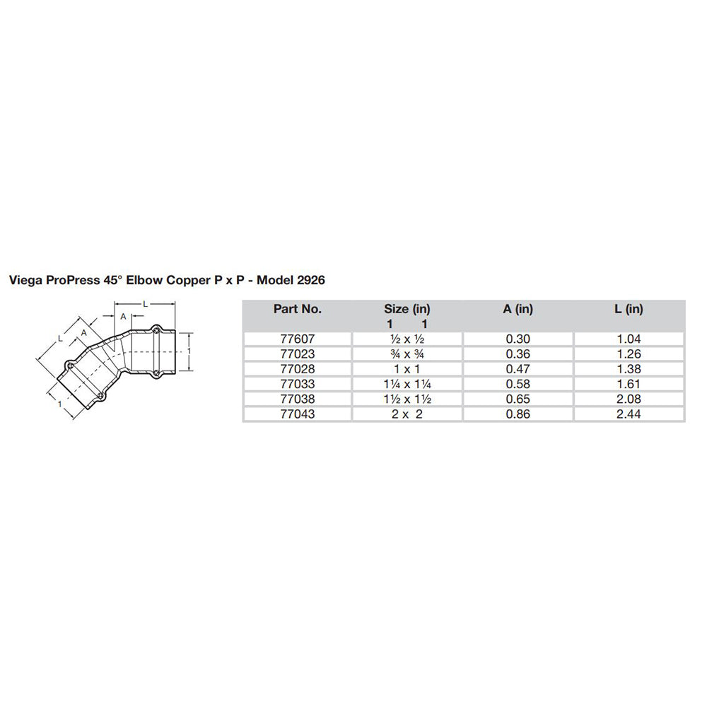 Viega ProPress 34 45 Copper Elbow Double Press Connection Smart Connect Technology 77023