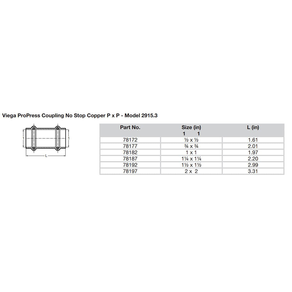 Viega ProPress 34 Copper Coupling wo Stop Double Press Connection Smart Connect Technology 78177