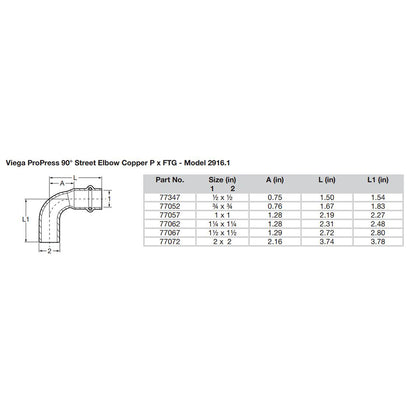 Viega ProPress 34  90 Copper Elbow  StreetPress Connection  Smart Connect Technology 77052