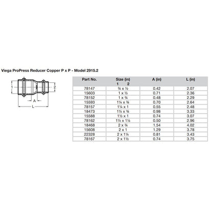 Viega ProPress 2 x 1 Copper Reducer  Double Press Connection  Smart Connect Technology 15608